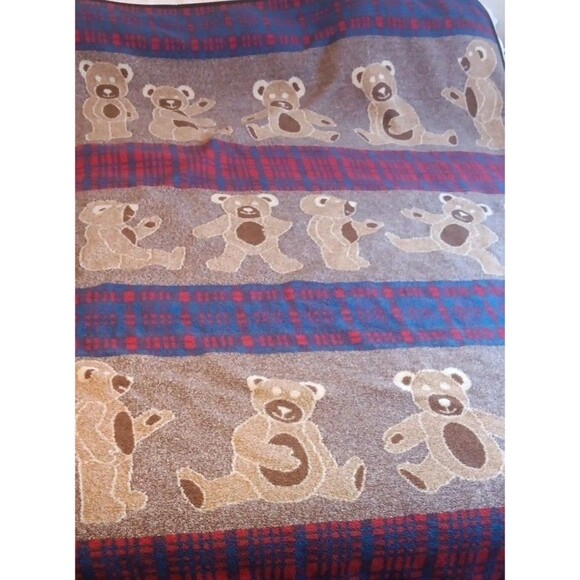 VTG San Marcos Blanket 56x86 Teddy Bear Animal Plaid Brown Red Blue Cottagecore - Picture 7 of 8